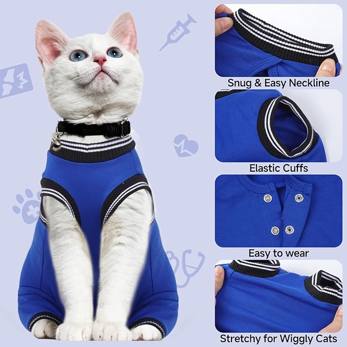 Stress-Free Cat Recovery Suit for Female Cats - Vet-Backed E-Collar Alternative, Anti-Lick & Rear Access Design RoyalBlue M