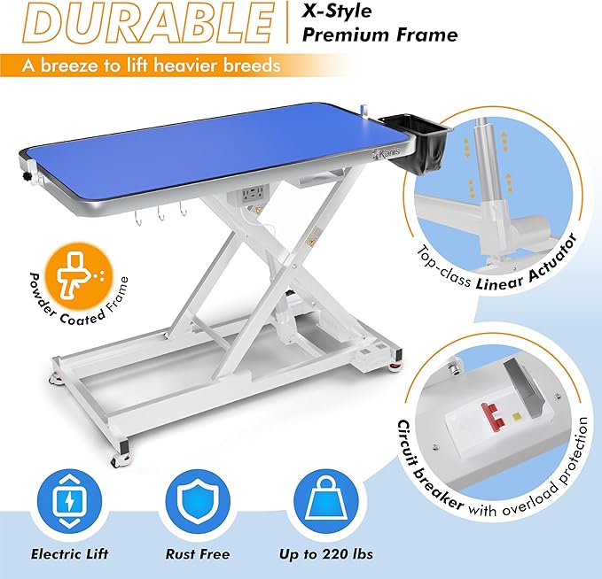 KANIS Professional Electric Dog Grooming Table - Heavy Duty, Height Adjustable Pet Grooming Table w/Leveling Wheels, Grooming Arm, Anti Slip Tabletop & Tool Organizer/Dog Grooming Station (49", WHITE)