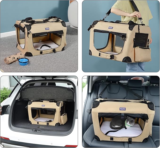 Petprsco Portable Collapsible Dog Crate, Travel Dog Crate 24x17x17 with Soft Warm Blanket and Foldable Bowl for Large Cats & Small Dogs Indoor and Outdoor