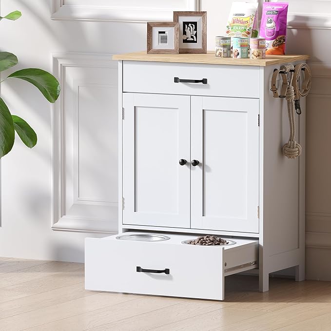 Dog Feeding Station with 2 Elevated Dog Bowls, Food Storage with Adjustable Shelf and Sliding Drawer, Hidden Pet Feeder Station for Cats and Dogs, White