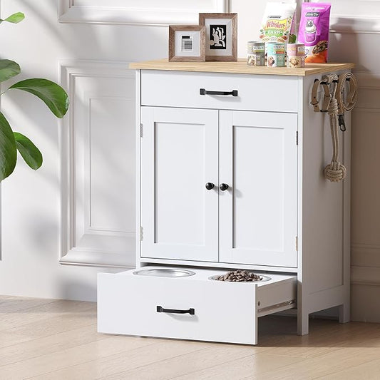 Dog Feeding Station with 2 Elevated Dog Bowls, Food Storage with Adjustable Shelf and Sliding Drawer, Hidden Pet Feeder Station for Cats and Dogs, White