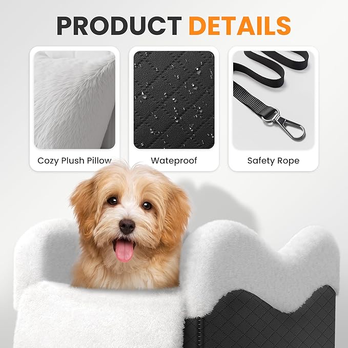 Portable Small Dog Seat for Car, Luxury Center Console Dog Car Seat Booster with Safety Tethers, Anti-Collapse Pet Travel Carseat for SUV, Truck (Black/White)