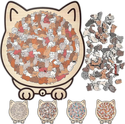 135-Piece Morandi-Colored Cat Shaped Wooden Jigsaw Puzzle, Cute Cat Puzzle, Challenging Irregular, Cute Home Decor for cat Lovers (D)