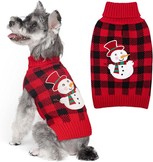 KYEESE Dog Christmas Sweater with Snowman Design, Turtleneck Dog Sweater for Small Dogs, Red Buffalo Plaid Knitwear, Cozy Winter Holiday Outfit with Leash Hole, Warm Soft Pet Clothes, Medium