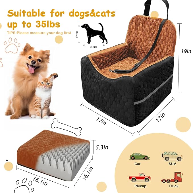 Dog Car Seat for Small/Medium Dogs, Memory Foam Dog Booster Seat, Travel Safety Per Car Seat with Washable Removable Cover, Storage Pockets for Dogs up to 35 lbs (Black/Red Brown, Small)