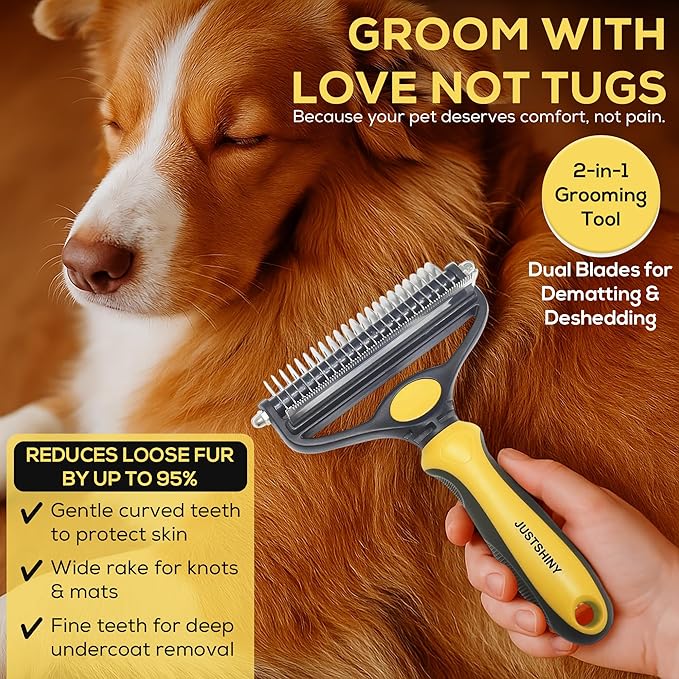 Pet Grooming Set – 1 Brush + 2 Toothbrushes (Soft & Finger) for Dogs & Cats(Yellow Handle)