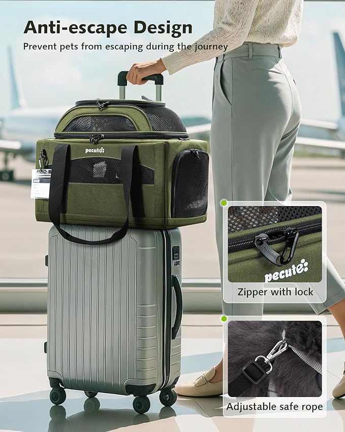Pecute Expandable Pet Carrier Airline Approved Dog Cat Carrier, Breathable Soft-Sided with Locking Zippers, Pet Travel Bag for Small Dog Cat Leakproof Pee Pad (Dark Green)