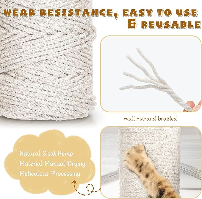 262 ft/80 m White Sisal Rope for Cat Scratcher, 1/5 inch/ 5 mm Thick Twine for Cat Scratching Post Cat Tree Replacements DIY Craft Projects, Jute Hemp Rope with 4 Random Colors Cat Toys