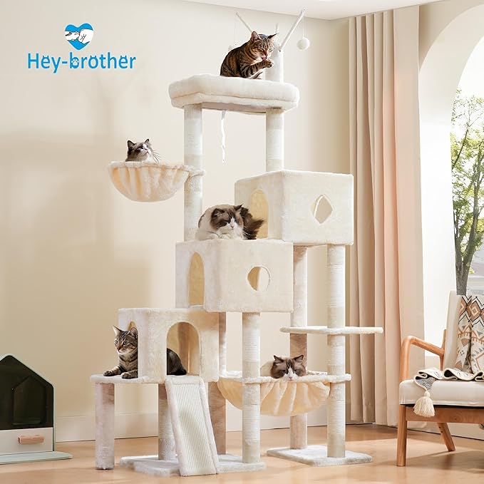 Hey-brother Cat Tree Tower, Scratching Posts with 3 Condos, Large Basket, Cozy Bed, Sisal Board, Step-by-Step Climbing Pathway and Toys, 74.8 inches Furniture for Big Indoor Cats, Beige MPJ081M