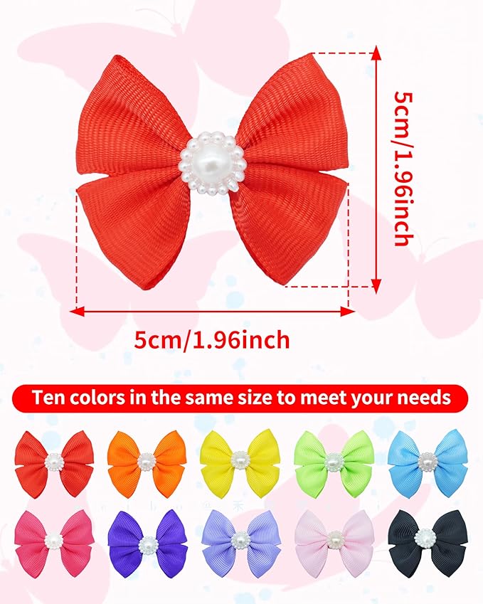 PET SHOW 10Pcs 2" Plain Small Dog Hair Bows with French Clips Faux Pearls Pet Bowknot Barrette Bows Puppy Topknot Medium Dogs Grooming Hair Accessories for Doggies Cat Kitten Rabbit