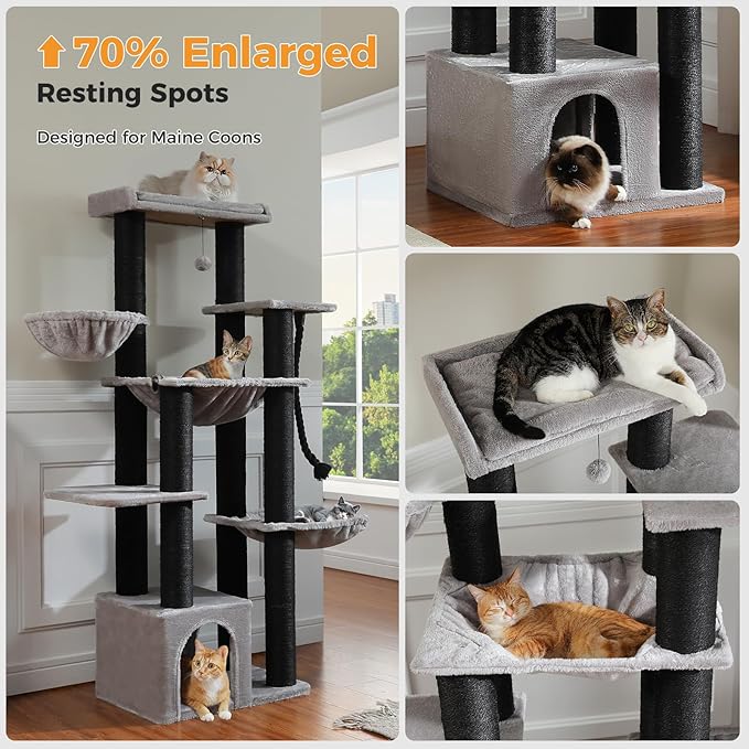 Maine Coon Cat Tree-67 Large Cat Tower for Indoor Cats Large Adult with 7 Thick Black Scratching Posts (φ4.3), Multi-Level Condo, Big Perch & Hammocks -Black