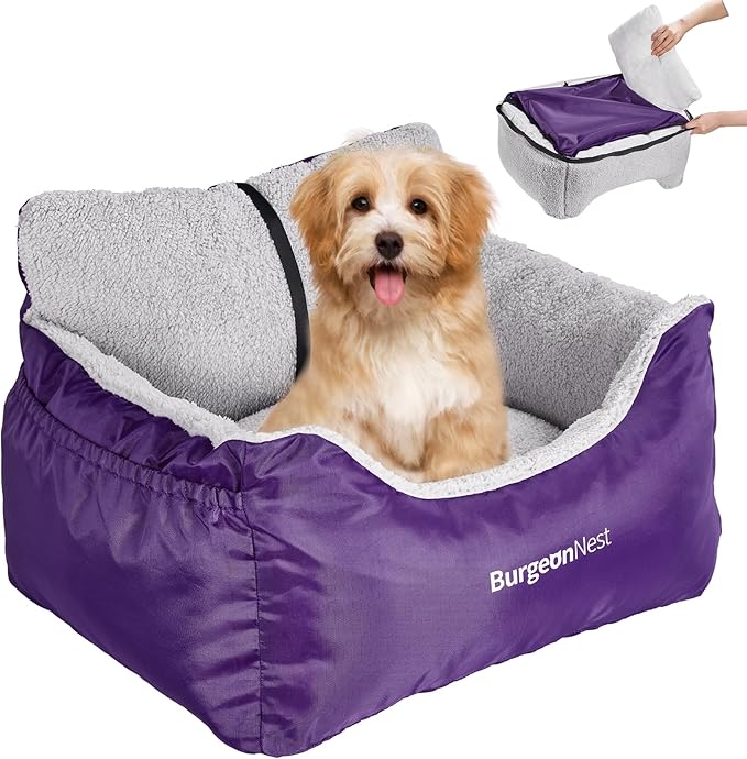 BurgeonNest Dog Car Seat for Small Dogs, Fully Detachable and Washable Cat Carseats Under 25 lbs, Soft Pet Booster Seats with Storage Pockets Clip-On Leash Portable Travel Carrier Bed, Purple