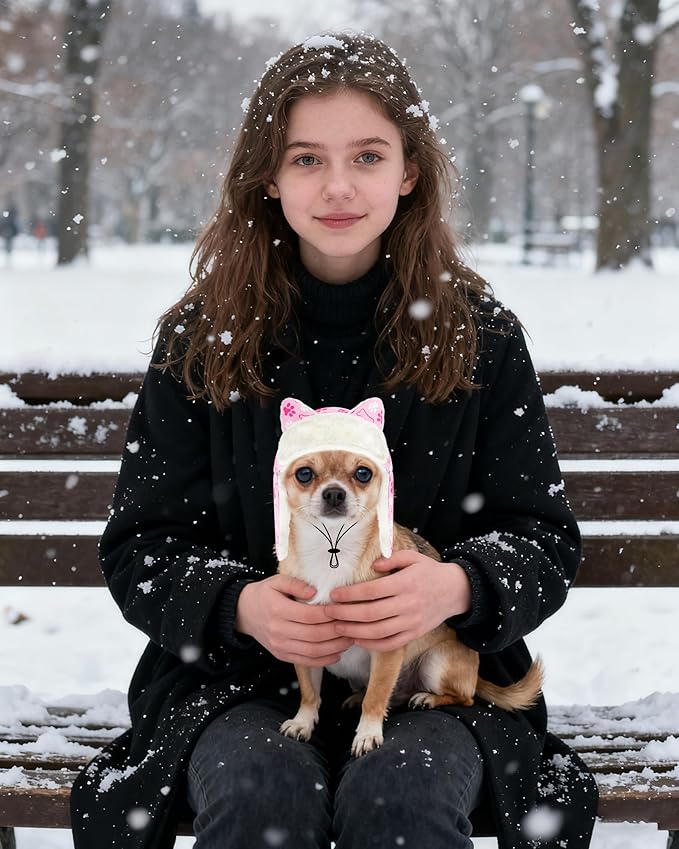 PET SHOW Dog Trapper Hat Winter Hat for Small Dogs Warm Fleece Aviator Hats with Ear Flaps Adjustable Outdoor Girl Puppy Pet Pilot Costume Cap S-Pink Paw/Without Ear Holes