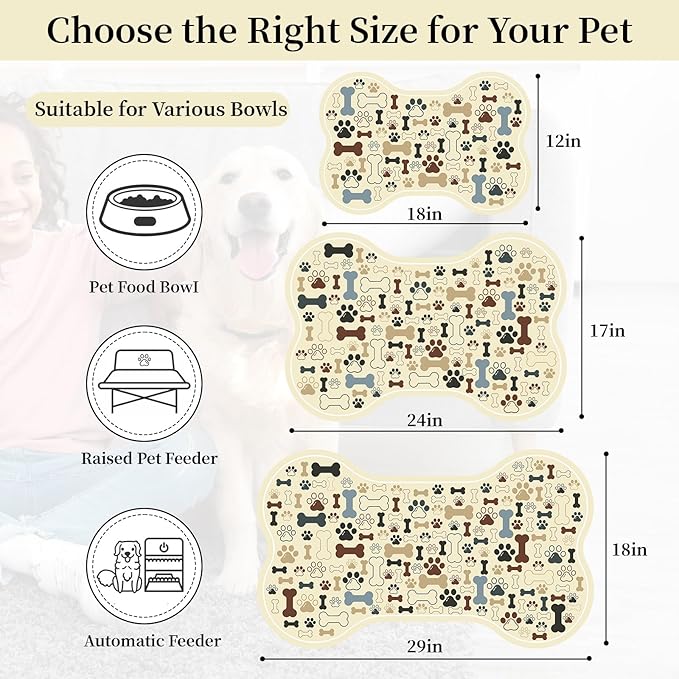 Dog & Cat Food Mat Bone Shaped Pet Feeding Mat Quick Absorb Water Bowl Placemat with Rubber Backing Indoor Floor Stain Resistant Pet Accessory Supplies (Beige, 12x18 Inches)