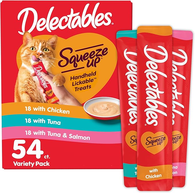 Hartz Delectables Squeeze Up Variety Pack, Creamy Squeezable Puree, Lickable Wet Cat Treats, Grain Free, No Added Fillers, No by-Products, No Added Preservatives, 0.5 Ounces Tube, 54 Tubes Total