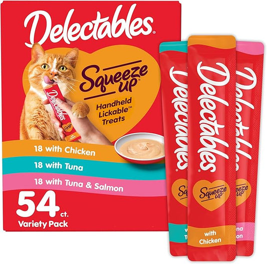 Hartz Delectables Squeeze Up Variety Pack, Creamy Squeezable Puree, Lickable Wet Cat Treats, Grain Free, No Added Fillers, No by-Products, No Added Preservatives, 0.5 Ounces Tube, 54 Tubes Total