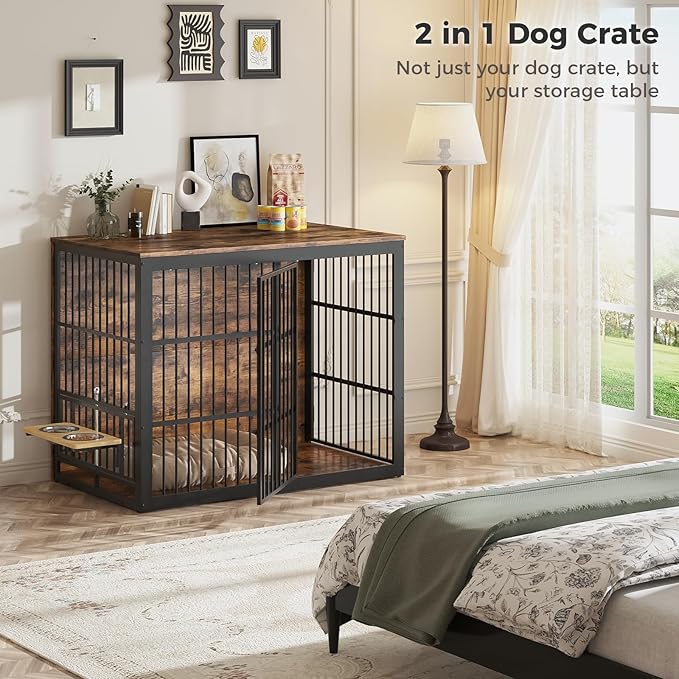 Lyromix 48'' XXL Dog Crate Furniture with Rotating Feeder, Large Wooden Crate End Table, Heavy Duty Indoor Kennel Cage for Medium to Large Dogs, Brown