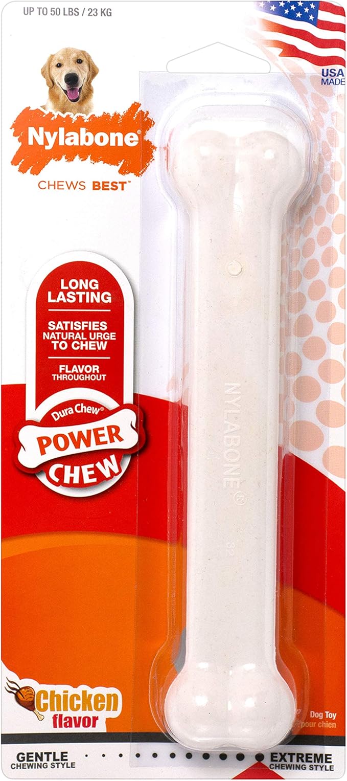 Nylabone Power Chew Classic Bone Chew Toy for Dogs, Durable Dog Toys for Aggressive Chewers, Chicken Flavor, Large/Giant - Up to 50 lbs. (1 Count)