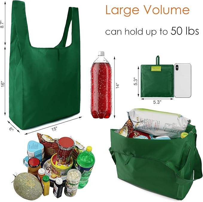 BeeGreen Christmas Green Reusable Grocery Bags Dark Green Reusable Kitchen Bags Bulk with Elastic Band Foldable-Machine Washable with Zipper Storage Pouch 50 Packs