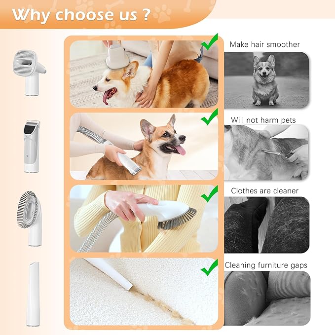 Grooming Kit with 2.3L Vacuum Suction 99% Pet Hair, Pet Grooming Vacuum Low Noise with 5 Tools and 4 Different Lengths Clipper Guards for Dog Cat (White)
