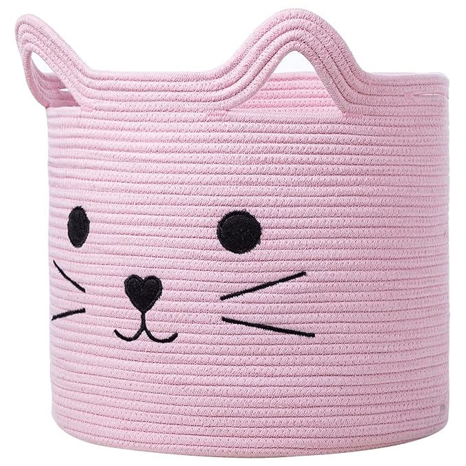 VK VK·LIVING Cat Toy Basket Cute Cotton Rope Animal Storage Pink Laundry Baskets for Toys, Clothes,Gifts,Towels, Blankets, Pet Bed Pink Laundry Hamper for Organizing 15''x14''