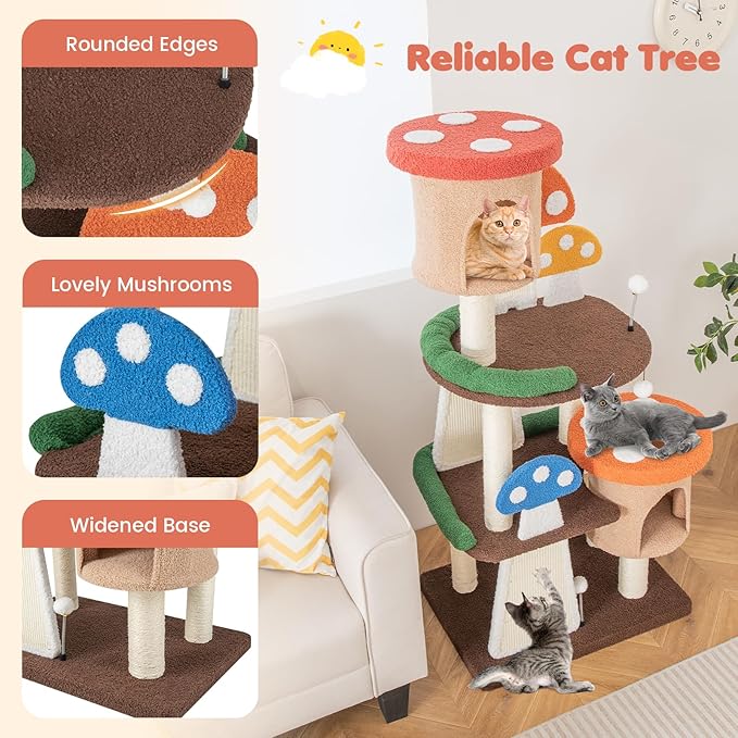 Tangkula Mushroom Cat Tree, Multi-Level Cute Cat Tower with Full-Wrapped Sisal Posts, Scratching Boards & Interactive Balls, 2 Cat Condo, Flower Cat Tree Tower for Indoor Cats Large Adult (57.5 Inch)