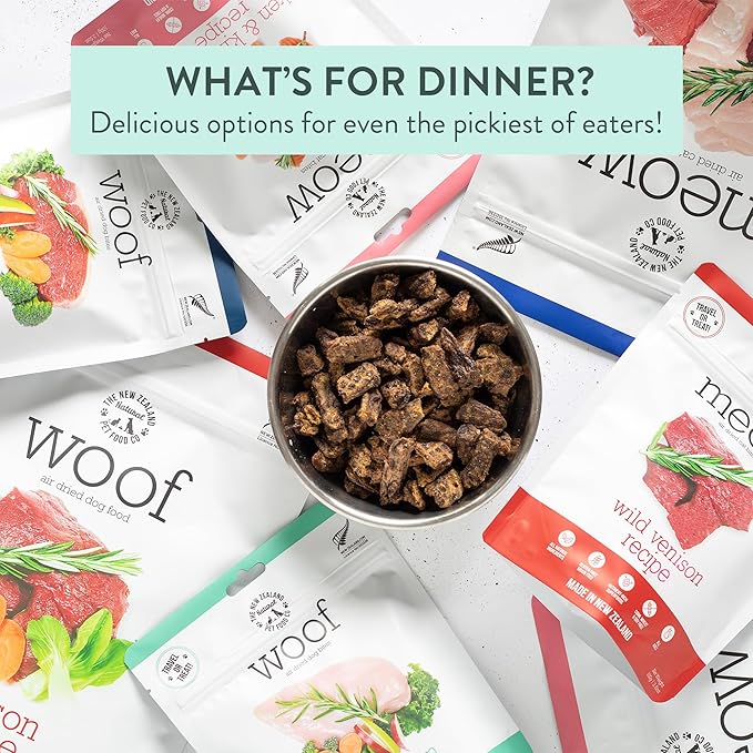 The New Zealand Natural Pet Food Co Meow Air Dried Cat Food - Venison Recipe, High Protein Dry Food, Use as a Complete Diet, Topper, Mixer, or as Cat Training Treats, All Life Stages,3.5 oz