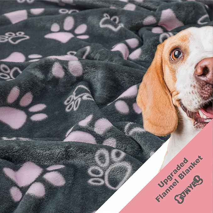 Upgraded Dog Blankets for Large Dogs, Cat Flannel Blankets Washable, with Premium 300GSM Soft Pet Throw Cover for Kennel Crate Bed, Cute Paw Pattern,50x60 inch,Grey & Pink.