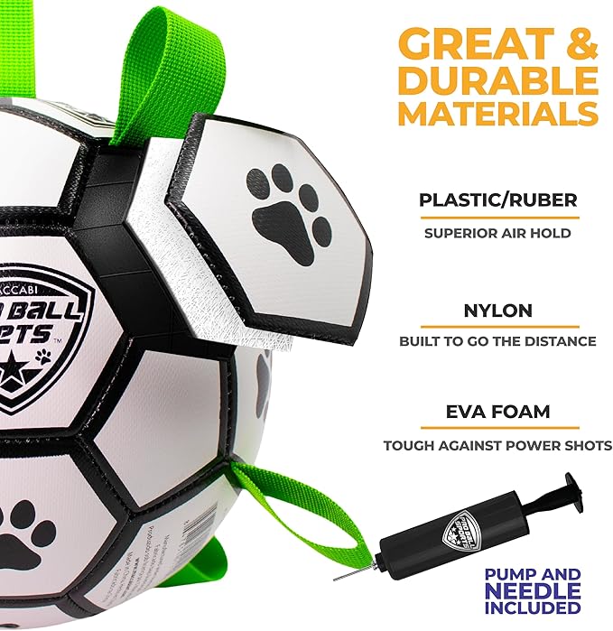 ProBall Pets Interactive Dog Soccer Ball with Grab Tabs - Floats on Water, Fetch & Training Toy for Medium Dogs, Herding Breeds - Waterproof Non-Toxic - 7" White Green