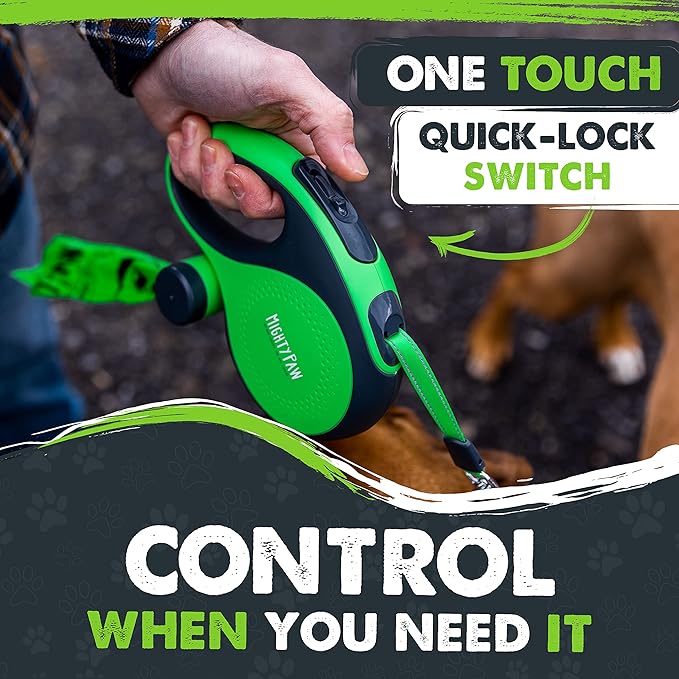 Mighty Paw Retractable Leash with Built-in Poop Bag Holder | 16' Long Retractable Dog Leash for Small Dogs, Medium Breeds & Large Pets with Tape for Quick Control. Poop Bags Included