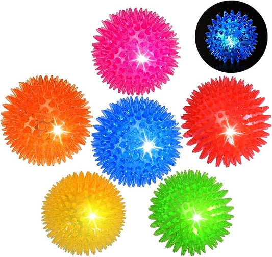 6-Pack 3.5” LED Light-Up Squeaky Dog Toy Balls ，Durable Interactive Glow Fetch Toys for Aggressive Chewers，BPA Free Non-Toxic, Spiky Puppy Chew Balls