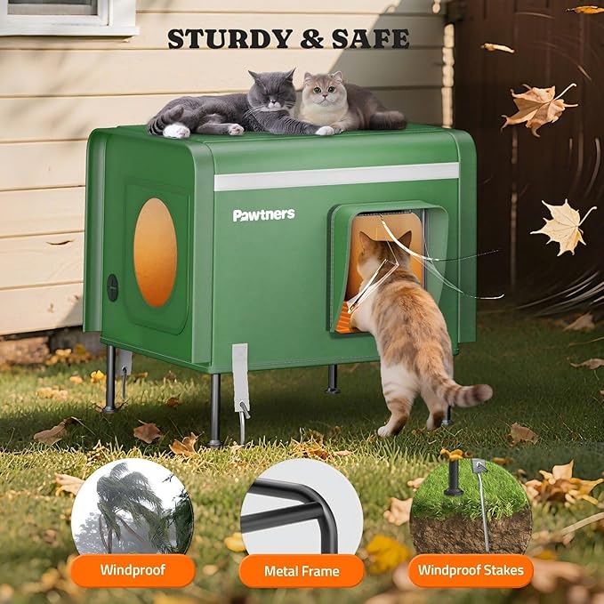 Pawtners Heated Outdoor Cat House for Outside Cats, 19'' Large Insulated Weatherproof Cat Shelter with Heated Pad, Elevated Feet & Escape Door, Warm Kitty House for Feral or Stray Cats in Winter
