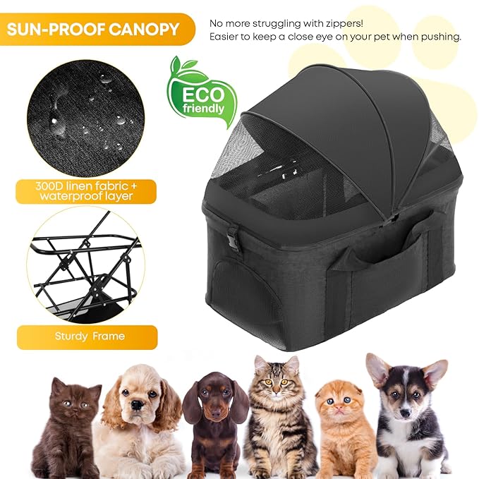 2-in-1 Foldable Pet Stroller with Canopy, 4 Wheels Pet Strolling Cart for Small/Medium Dogs and Cats with Removable Carrier,Breathable Mesh,Mom Tote Bag,Cup Holders,Easy Assembly,Black