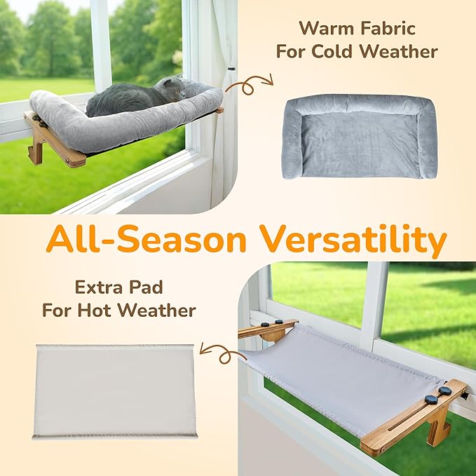 45LBS Capacity Cat Window Perch with Bolster, Hammock Seat with Plywood & Metal Frame, Cat Window Bed for Indoor Cats & Kitten, Extra Cood Pad (Natural Wood & Gray Cushion, 24.8''W x 9.4''H)