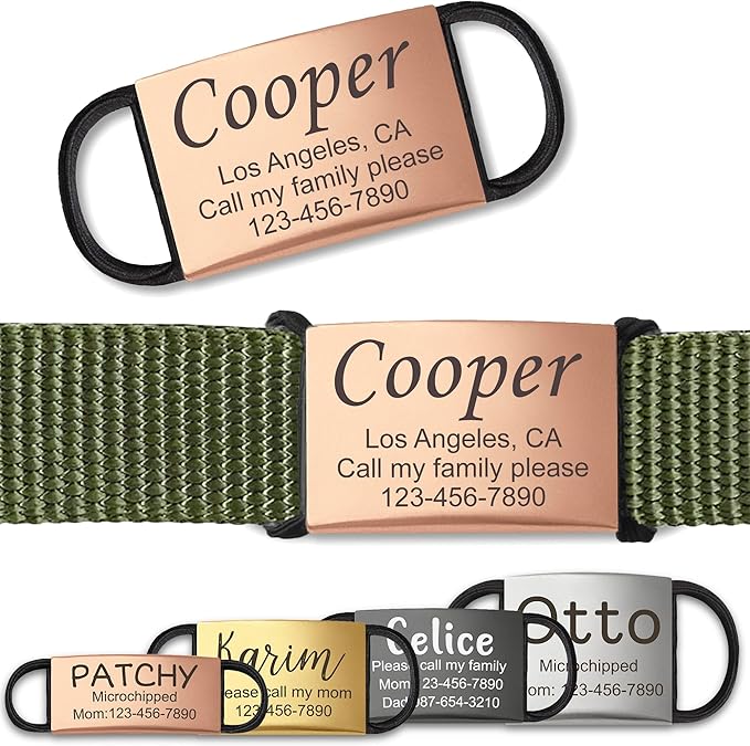Anavia Slide On Silent Pet ID Tags, S/M/L/XL Personalized Stainless Steel Cat Dog Tag with Elastic Fabric Band, Engraved Nameplate Quiet Chew-Proof Pet Collar Tag (Rose Gold, X-Large)