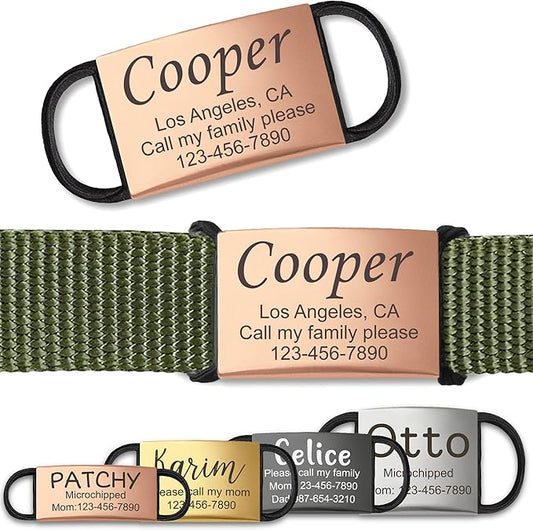 Anavia Slide On Silent Pet ID Tags, S/M/L/XL Personalized Stainless Steel Cat Dog Tag with Elastic Fabric Band, Engraved Nameplate Quiet Chew-Proof Pet Collar Tag (Rose Gold, Large)