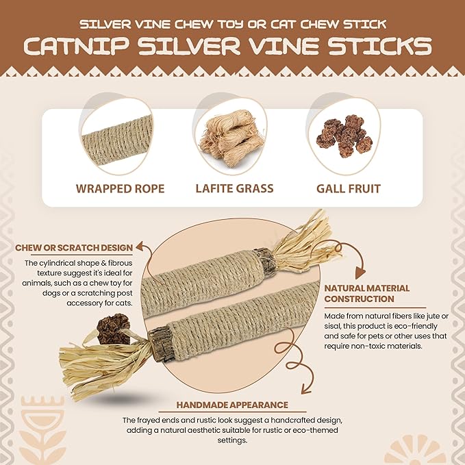 HUPA Catnip Silvervine Sticks | Anxiety Relief & Kitten Teeth Cleaning, Natural Silvervine with Raffia Grass for Healthy Teeth & Digestion | for Indoor Cats, All Ages & Breeds | 2 Sticks