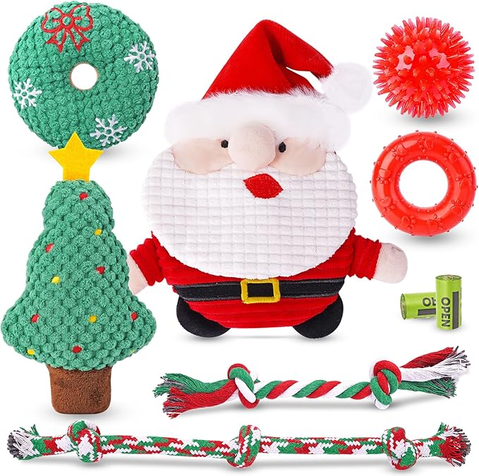 KIPRITII 9 Pack Xmas Puppy Dog Toys Set with Dog Squeaky Toys, Chew Toys & Puppy Teething Toys for Small Dogs and Puppies