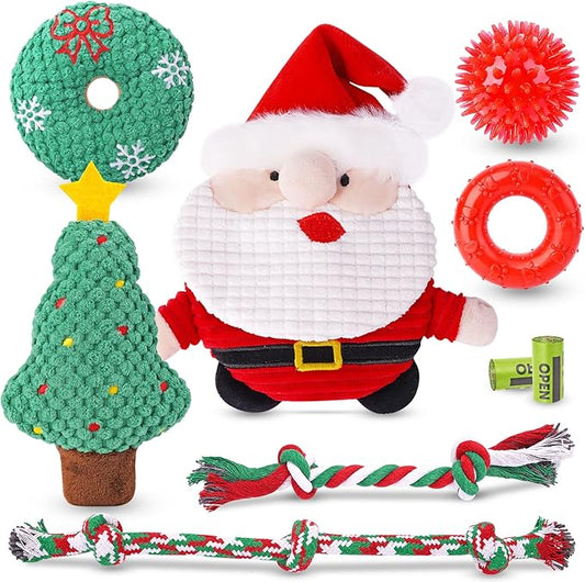 KIPRITII 9 Pack Xmas Puppy Dog Toys Set with Dog Squeaky Toys, Chew Toys & Puppy Teething Toys for Small Dogs and Puppies