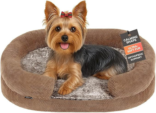 Plush Orthopedic Pet Bed for Small Dogs & Cats, 28" Oval Dog Sofa with Supportive Egg Crate Foam, Washable Removable Cover & Non-Slip Bottom, Bolstered Sides for Comfort, Camel (28")