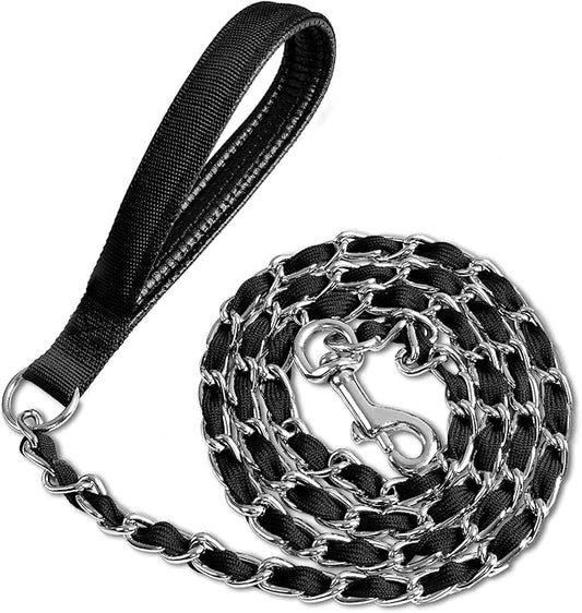 Heavy Duty Metal Dog Chain Leash with Comfortable PU Leather Padded Handle, Chew Proof for Medium Large Pooch Walking Training (4ft 3.5mm Black)