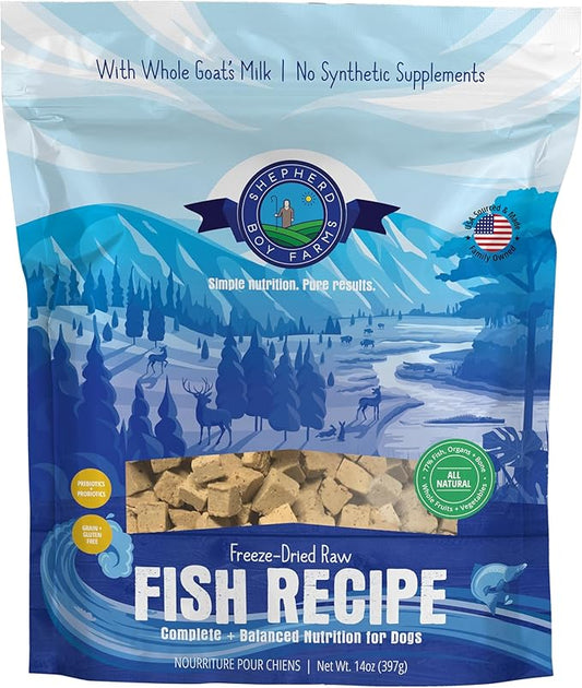 Shepherd Boy Farms Freeze Dried Raw Dog Food, Fish Medley Recipe, All Natural, No Synthetics, Made in USA with Goat's Milk & Organic Produce, High Protein, Complete Meal (14oz)