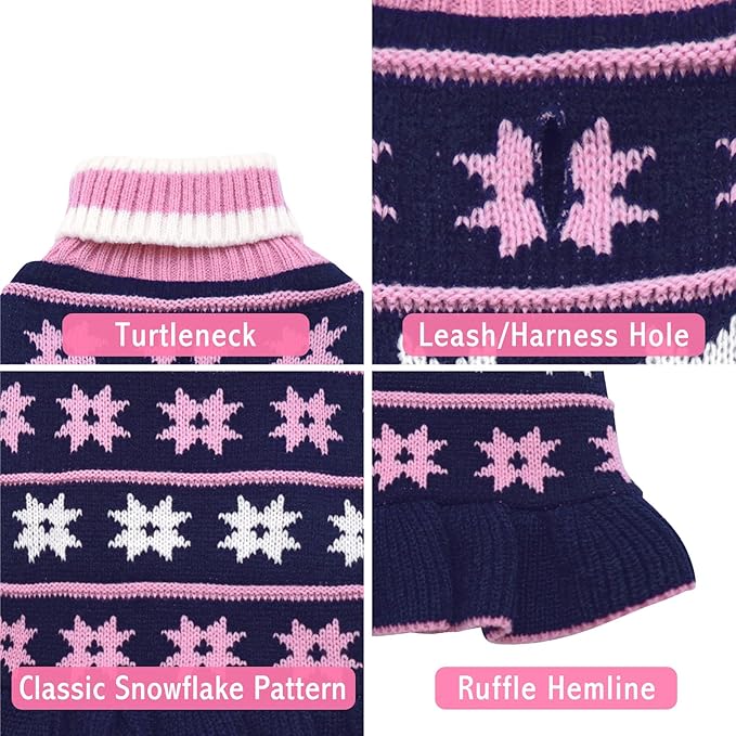 KYEESE Dog Sweater for Medium Dogs Fall Winter for Girl Dogs Clothes Warm Pet Coats with Leash Hole Pullover Dog Sweater Dress Knit Turtleneck Pet Sweater with Snow Flake Pattern, Navyblue, XX-Large
