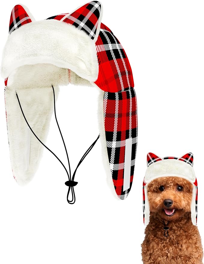PET SHOW Dog Trapper Hat Winter Hat for Small Dogs Christmas Warm Fleece Aviator Hats with Ear Flaps Adjustable Outdoor Boy Puppy Pet Pilot Costume Cap S-Red Plaid/Without Ear Holes