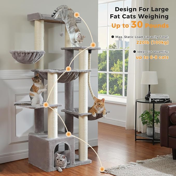 Heavy Duty Cat Tree for Maine Coon – 67" Tall Cat Tower with 7 Thick (φ4.3) Scratching Posts, XXL Cat Condo with Super Large Perch & Cozy Hammocks, Engineered for Big Cats (20+ lbs) - Gray