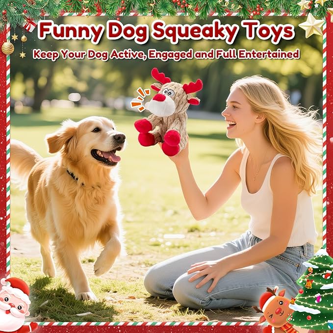 Dog Christmas Toys, Plush Chew Toys for Large Dogs, Funny Reindeer Squeaky Dog Toy with Crinkle Paper, Gifts for Dogs, Plsuh Dog Toy for Small, Middle, Large Breed, Interactive Pet Toys