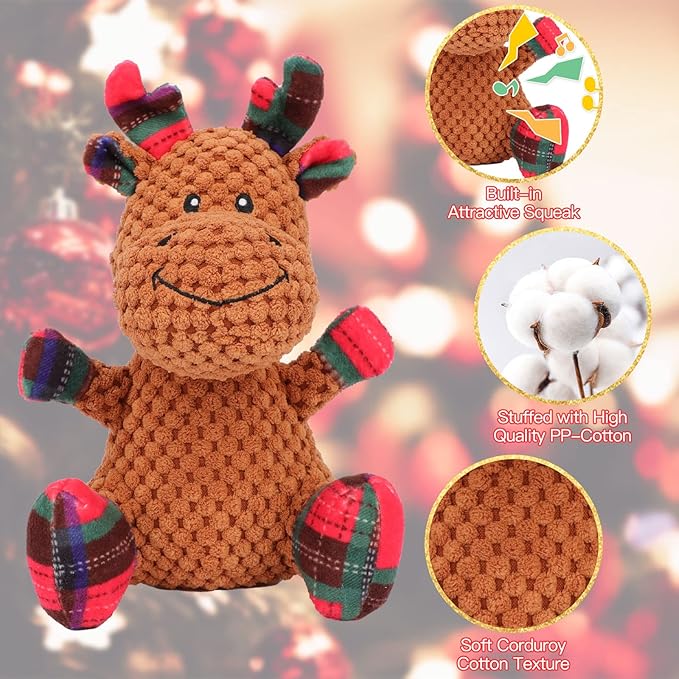 Rypet Pet Christmas Toy Dog Stuffed Squeaky Toys Puppy Durable Plush Toy Reindeer Dog Toys for Medium Small Dogs
