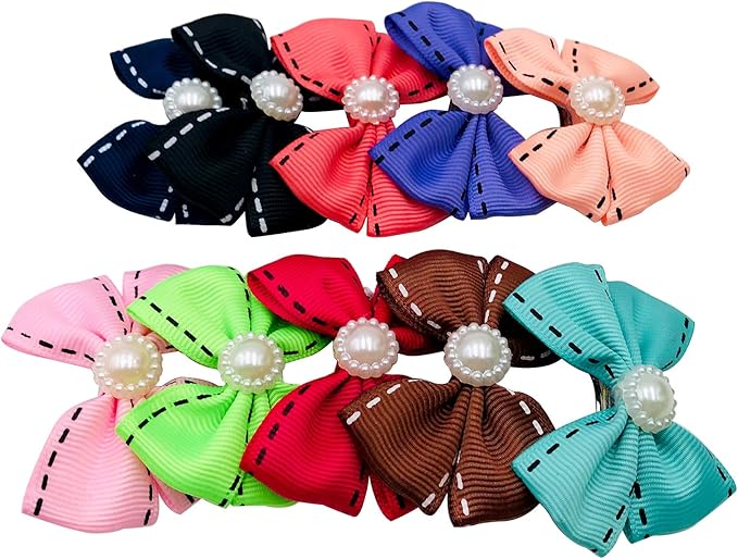 PET SHOW 10Pcs 2" Dotted Line Small Dog Hair Bows with French Clips Pet Bowknot Barrette Bows Puppy Topknot Medium Dogs Grooming Hair Accessories for Doggies Cat Kitten Rabbit
