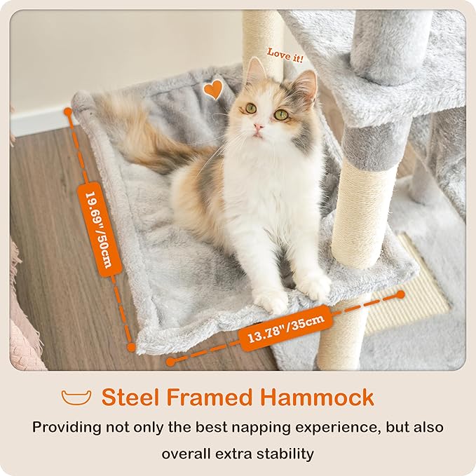 Ouritsu Cat Tree, 57 inch Cat Tower for Large Cat Indoor, 2 Top Perches with 1 Widened, 2 Condos with 1 Enlarged, Steel Frame Hammock, Scratching Posts and Scratching Pad, Light Gray, LF003GA