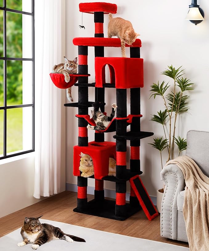 AMHANCIBLE Gothic Heavy Duty Cat Tree for Indoor Cats Large Adult 20 lbs+, 83 Inch Multi-Level Tall Cat Tower with Scratching Post and Board, Hammock, Condos, Hanging Basket, Black Red, PT21RD